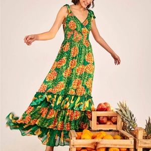 NWOT Farm Rio Pineapple Galore Smocked Waist Maxi Dress, size S